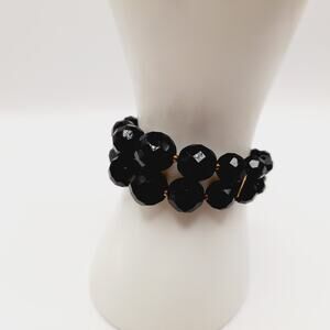 Vintage 1950s Jet Black Glass Memory Wire Bracelet – Faceted Beads Double Row